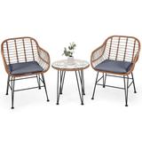 3 Pcs Patio Rattan Bistro Set with Cushion - 20" x 20" x 31" (L x W x H)