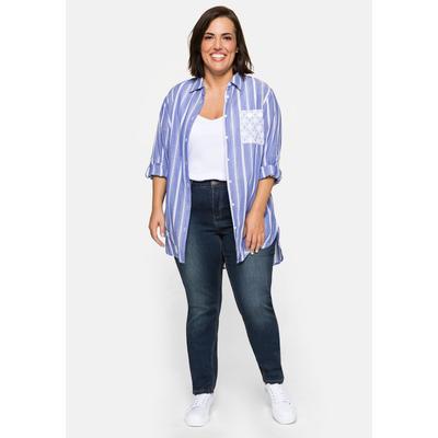 Stretch-Jeans SHEEGO "Große Größen", Damen, Gr. 44, Normalgrößen, blau (dunkelblau denim), Obermaterial: 37% Viskose, 34% Baumwolle, 27% Polyester, 2% Elasthan, unifarben, casual, lang, Jeans, Super elastisches Power-Stretch-Material Image