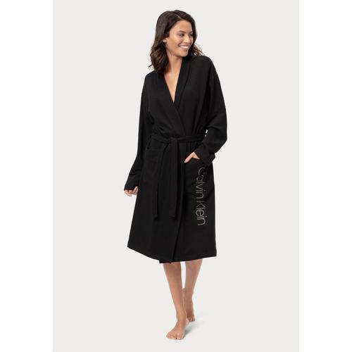 Morgenmantel CALVIN KLEIN Gr. M/L, schwarz Damen Bademäntel Morgenmäntel mit vertikalem Logoschriftzug