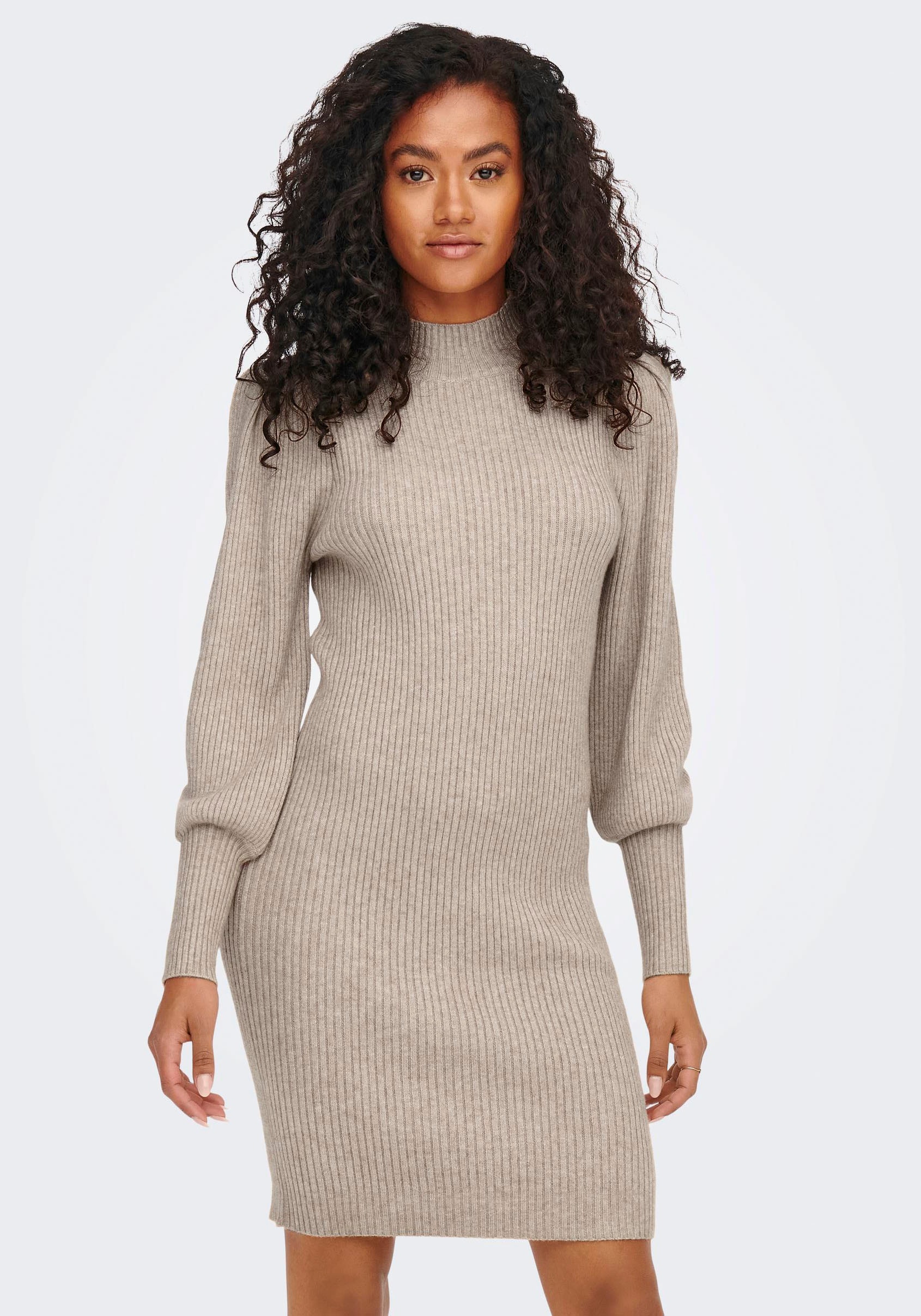 Strickkleid ONLY "ONLKATIA L/S DRESS KNT NOOS", Damen, Gr. L, N-Gr, beige (mocha meringue melange), Strick, Obermaterial: 50% Viskose, 27% Nylon, 23% Polyester, meliert, regular fit ca. Mitte Oberschenkel, Puffärmel Rippbündchen, Kleider Strickkleid