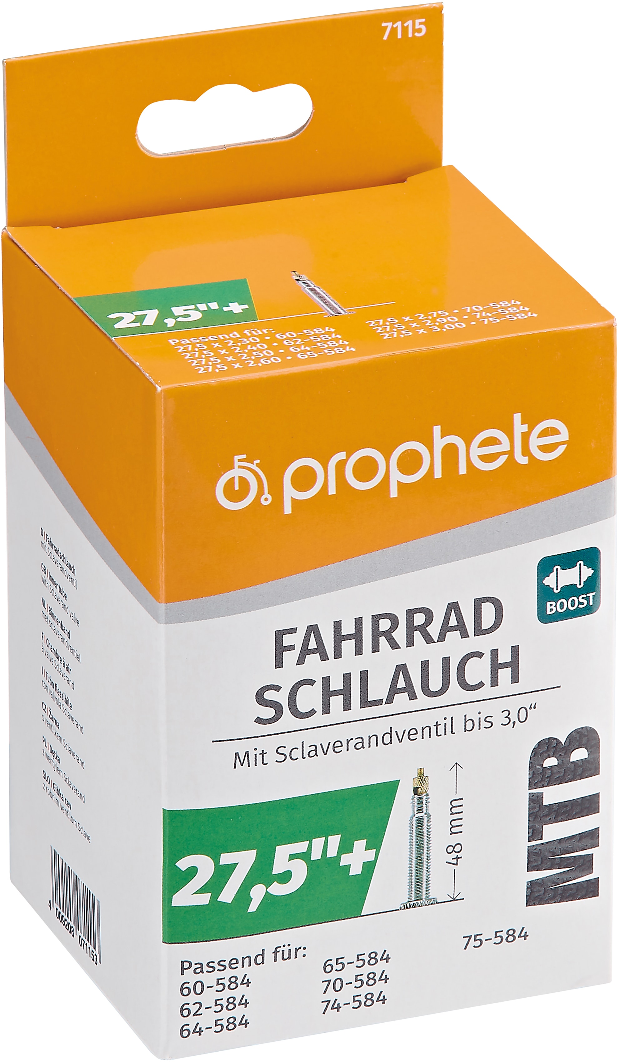 Fahrradschlauch PROPHETE "MTB Boost Size Schlauch", schwarz, Fahrradschläuche, 48mm, Sclaverandventil (SV), 27,5+ Zoll (69,85cm) Image