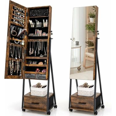 Mobile Jewelry Cabinet, Floor Standing Lockable Jewelry Armoire with Full Length Mirror, Drawer and