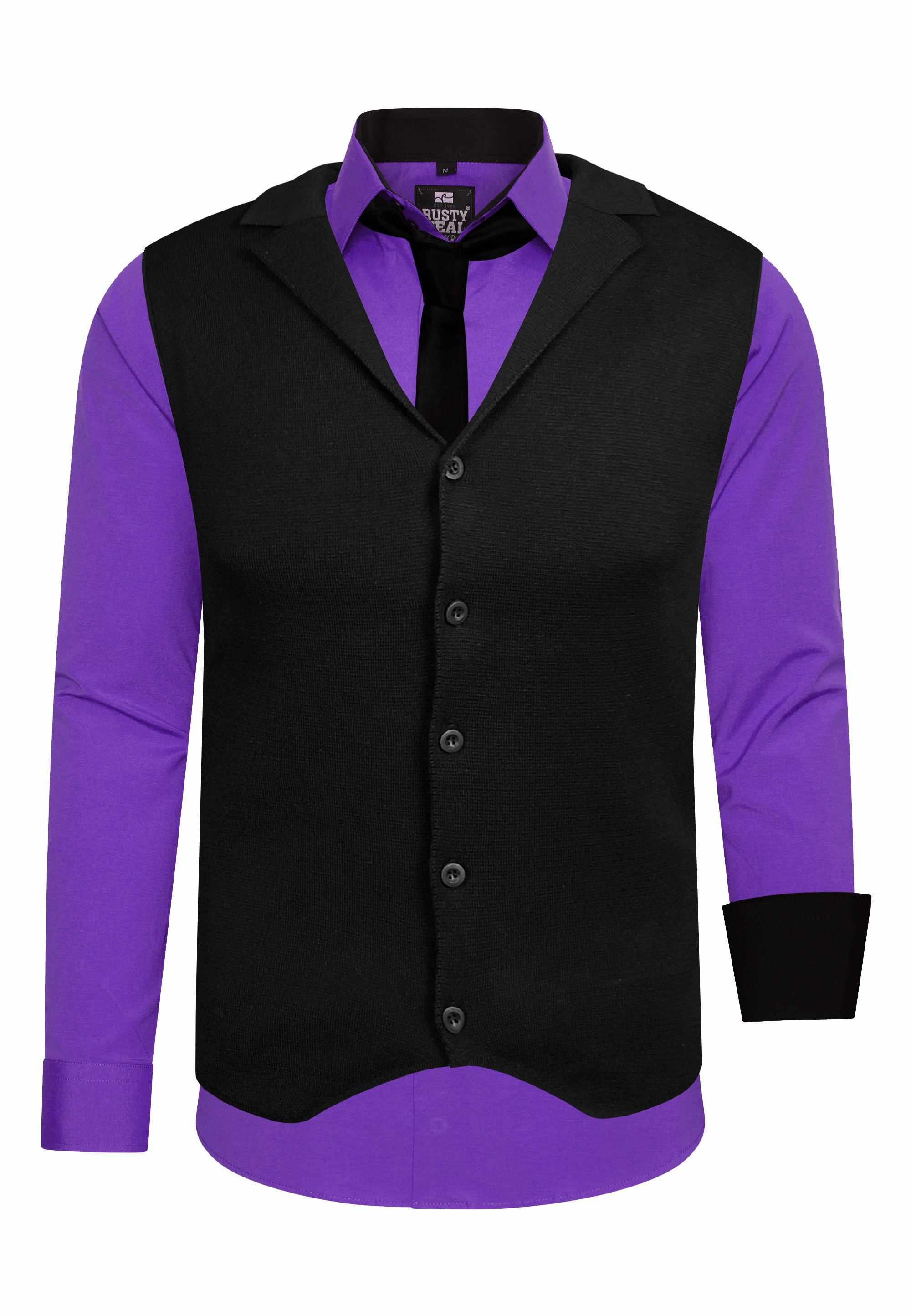 Langarmhemd RUSTY NEAL, Herren, Gr. 5XL, EURO-Größen, lila, 60% Baumwolle, 37% Polyester, 3% Elasthan, mehrfarbig, ohne Ausschnitt, Hemden, bestehend aus Hemd, Weste und Krawatte