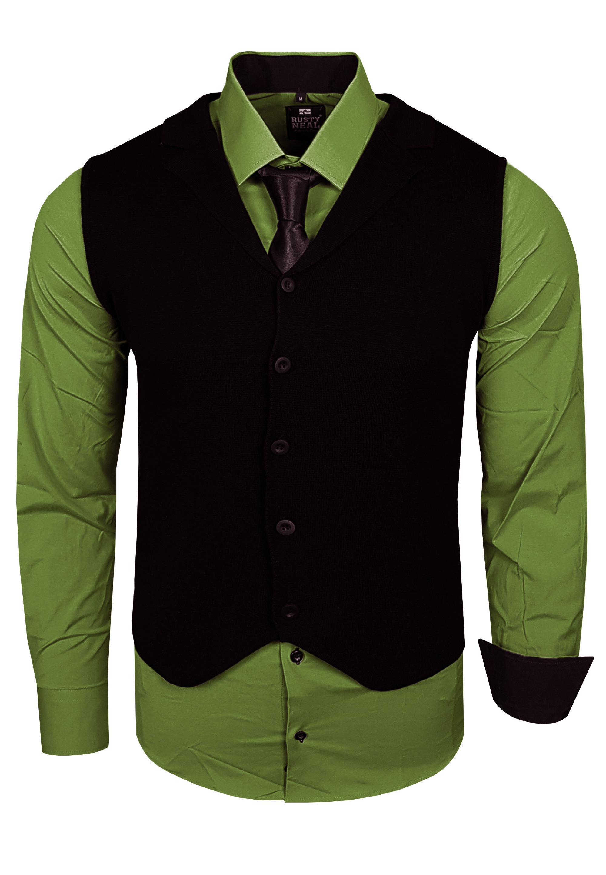 Langarmhemd RUSTY NEAL, Herren, Gr. 5XL, EURO-Größen, grün (khaki), 60% Baumwolle, 37% Polyester, 3% Elasthan, mehrfarbig, ohne Ausschnitt, Hemden, bestehend aus Hemd, Weste und Krawatte