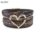 ALCirCES-Bracelet en cuir avec breloque coeur d'amour en métal pour femme biscuits multicouche