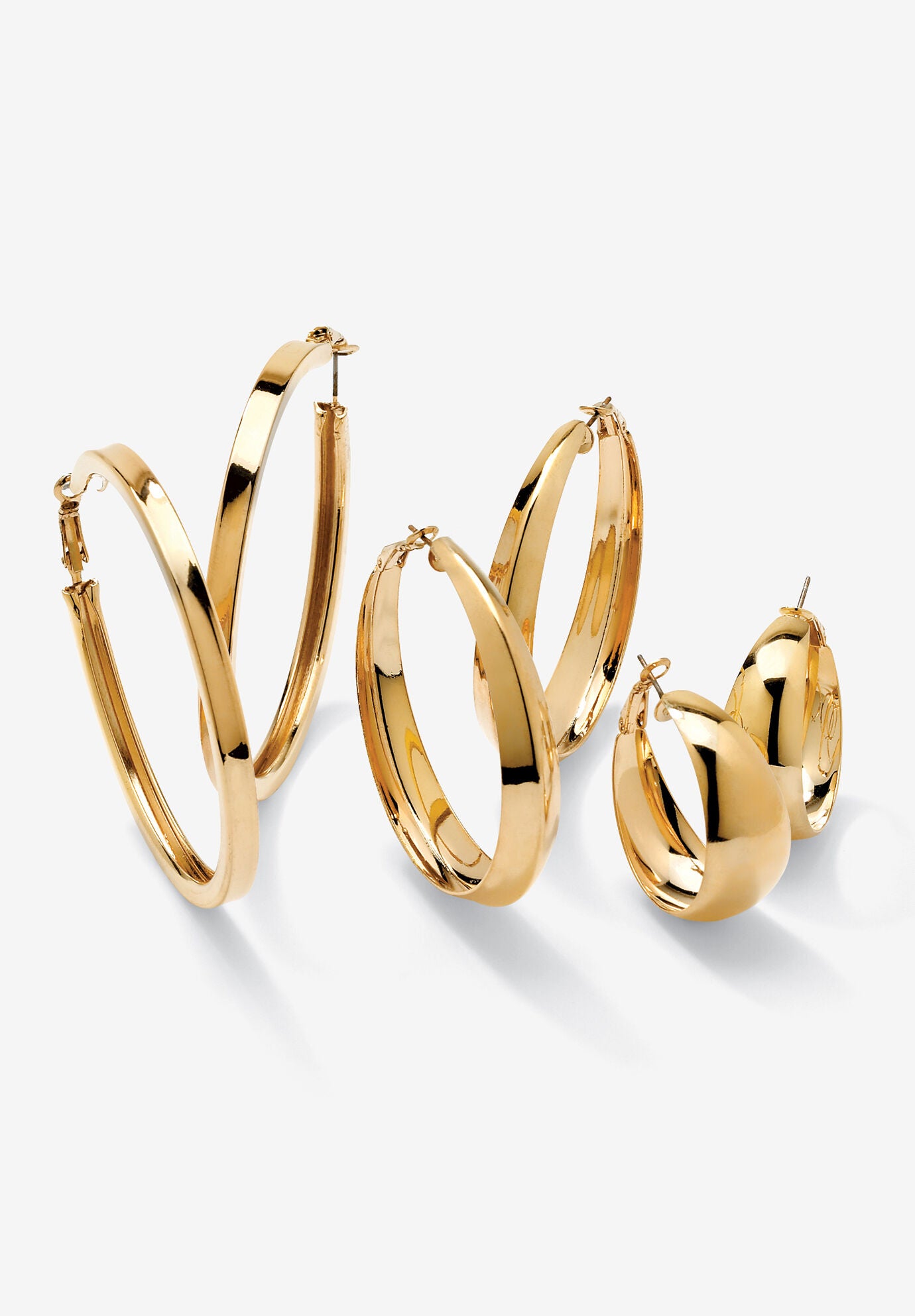 Women's 3 Pair Hoop Earrings Set In Yellow Goldtone by PalmBeach Jewelry in Gold