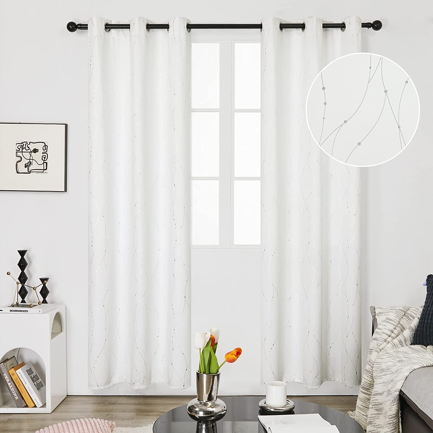 Deconovo 50 Percent Blackout Silver Geometric Curtains Pure White(2 Panel)