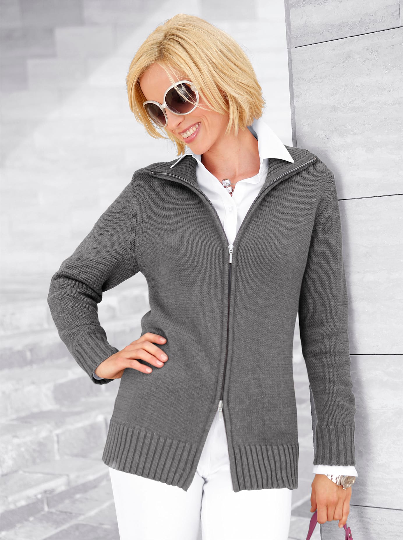 Strickjacke CASUAL LOOKS, Damen, Gr. 46, grau (grau, meliert), 50% Baumwolle, 50% Polyacryl, unifarben, figurumspielend, Strickjacken Strickjacke