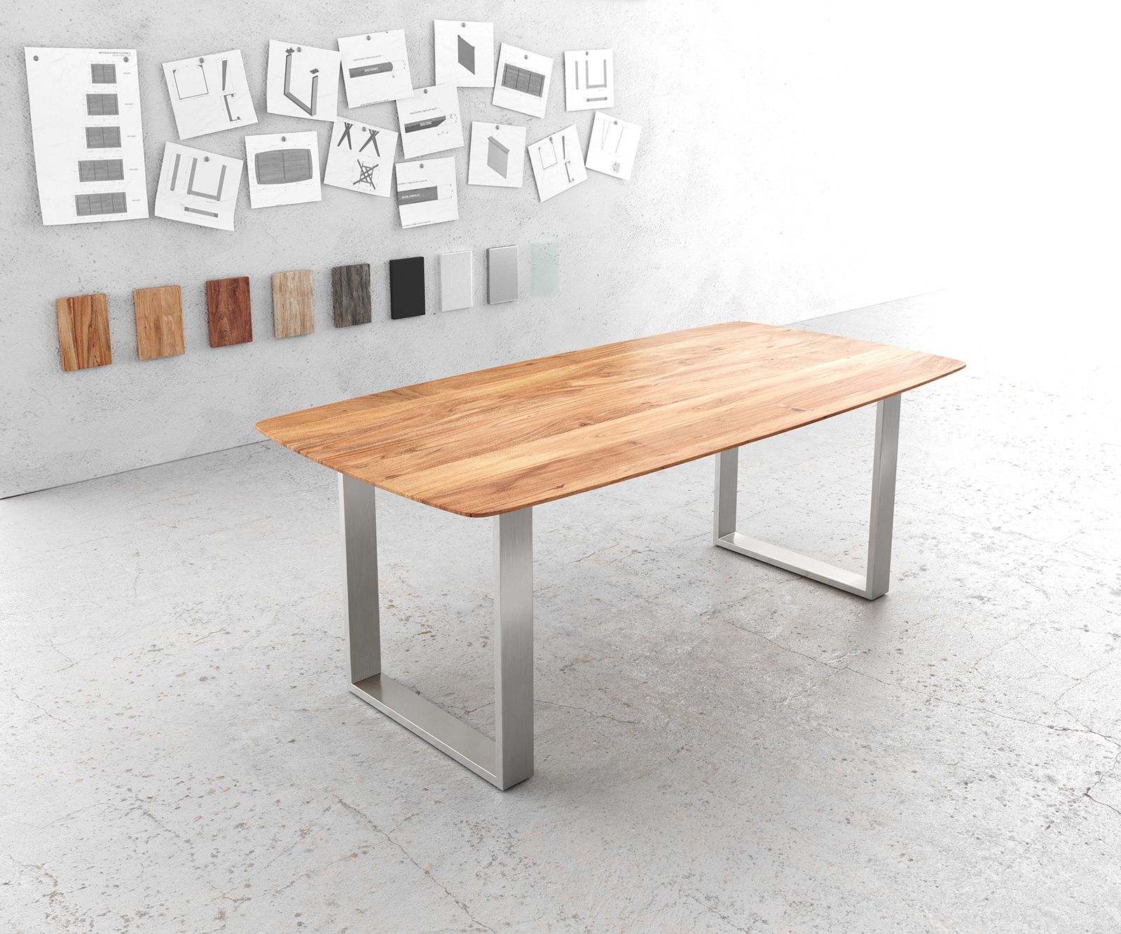 DELIFE Esstisch Edge Boot 200x100 Akazie Natur Edelstahl Schmal Schweizer Kante, Esstische Image