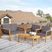 Gymax 4PCS Patio Acacia Wood Furniture Set PE Rattan Conversation Set