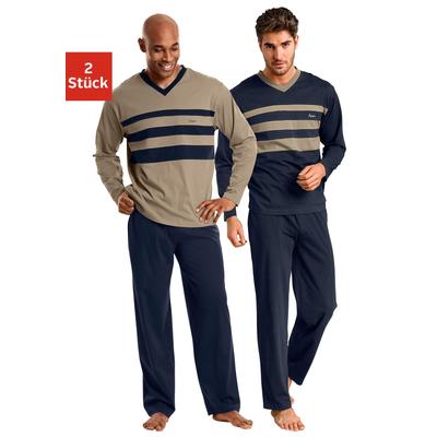 Pyjama LE JOGGER, Herren, Gr. 60/62 (XXL), bunt (marine, beige), Jersey, Obermaterial: 100% Baumwolle, unifarben mit Farbeinsätzen, Basic, lang, V-Ausschnitt, Langarm abgesteppte Kante, Homewear-Sets, Schlafanzug mit kontrastfarbigen Einsätzen vorn Image