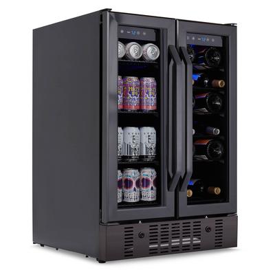 Newair 24 in. Wine and Beverage Cooler, 18 Bottle and 58 Can Built-in Dual Zone Fridge, Black Stainless Steel with French Doors