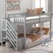 Twin over Twin Floor Kids Bunk Bed, Ladder with Storage, Gray