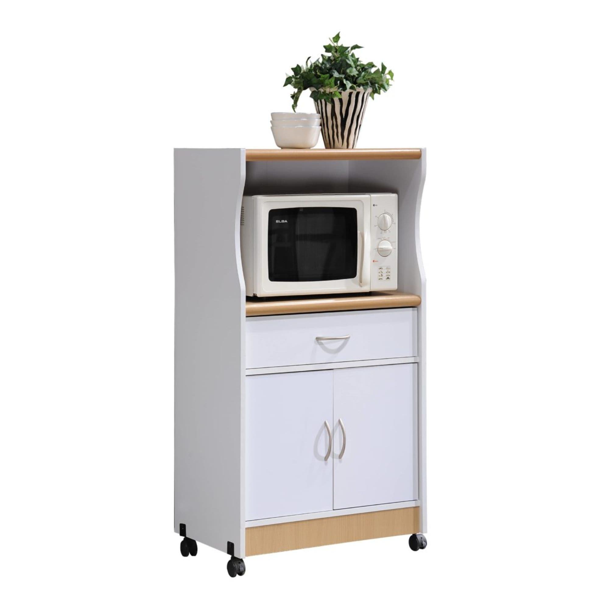 45" White and Beige Microwave Kitchen Cart