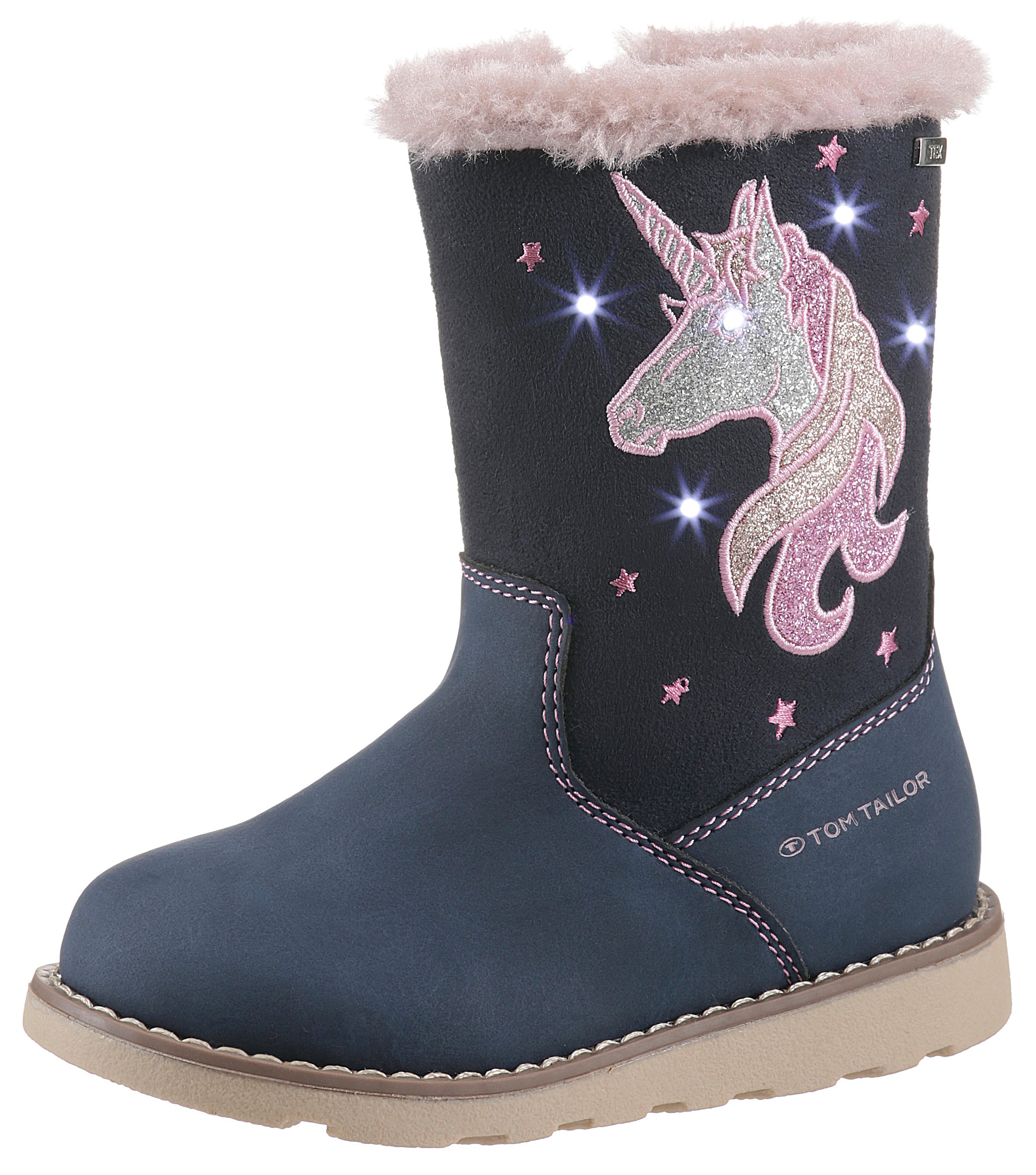 Winterstiefel TOM TAILOR "Blinkschuh", Mädchen, Gr. 33, blau (dunkelblau), Lederimitat, Textil, Glitzer, Schuhe Winterstiefel, Langschafttstiefel, Kinderstiefel mit blinkendem Einhornmotiv, Topseller