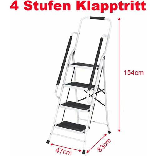 Klappleiter 4 Stufen Stehleiter Haushaltsleiter aus Legierter Stahl, mit Handlauf und Rutschfesten