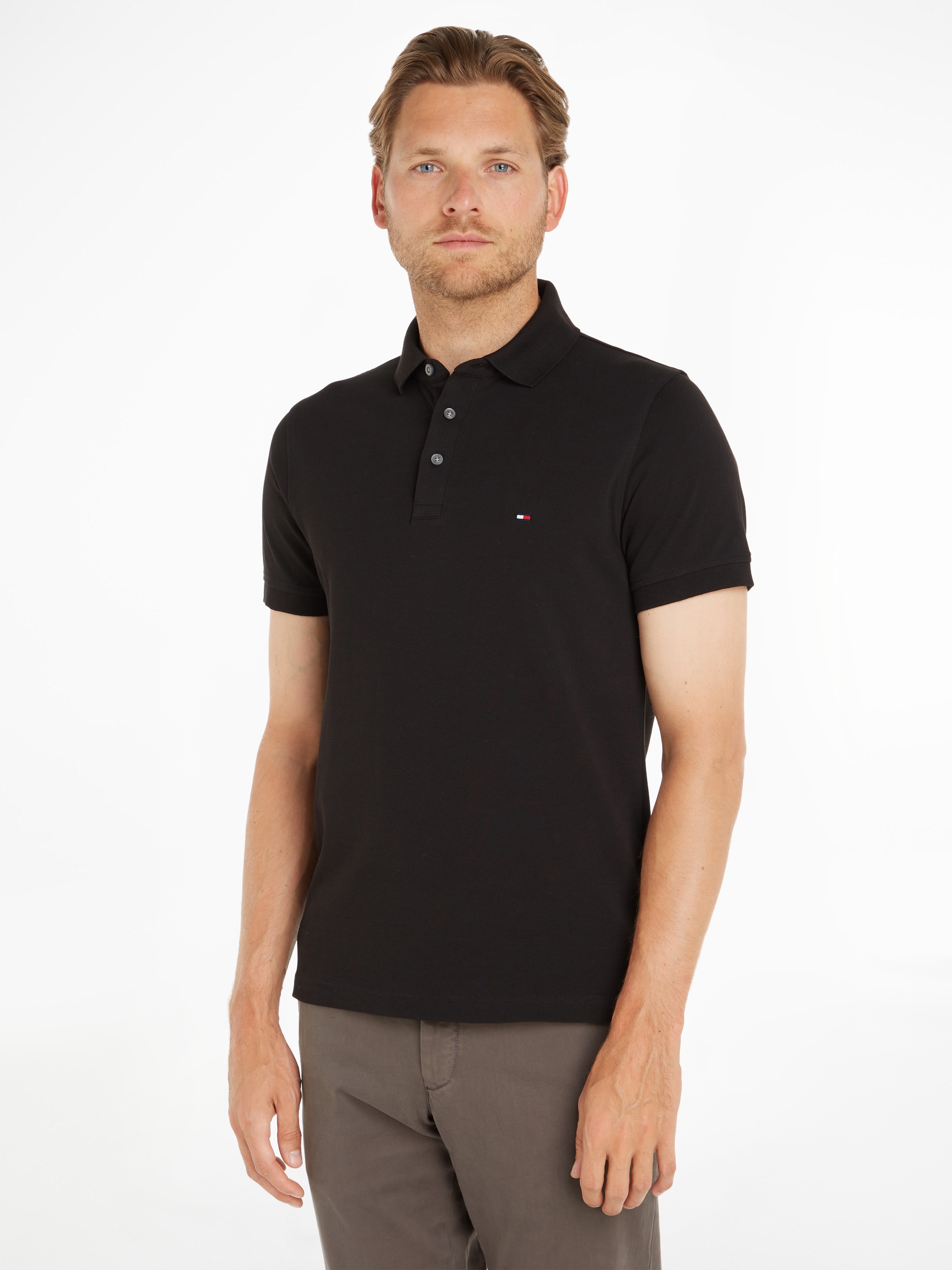 Poloshirt TOMMY HILFIGER "1985 SLIM POLO mit Stickerei und Piqué-Qualität", Herren, Gr. M (48/50), schwarz, Piqué, Obermaterial: 97% Baumwolle, 3% Elasthan, Basic, schmal normal, Rundhals, eingesetzt,Ärmel ohne Ärmelschlitz Rippbündchen, Shirts,...
