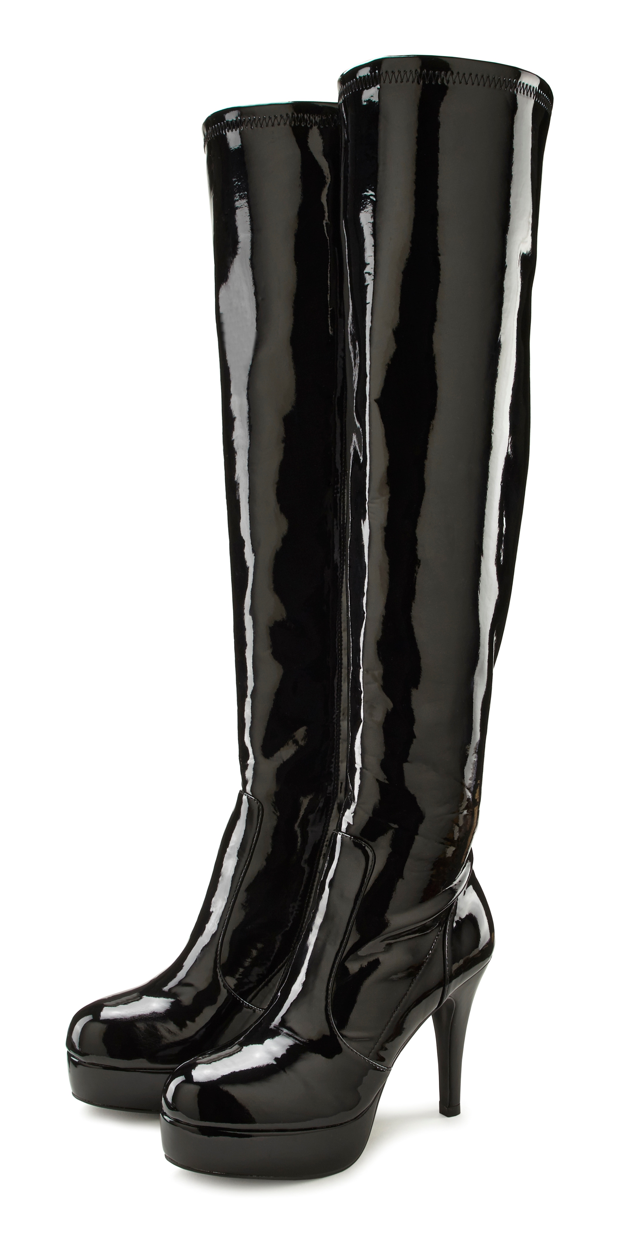 Overkneestiefel "High-Heel-Stiefelette mit Plateau", Damen, Gr. 37, schwarz, Obermaterial: 100% Lederimitat. Decksohle: 100% Lederimitat. Futter: 100% Textilmaterial. Laufsohle: 100% Synthetik, LASCANA BELLE AFFAIRE, glänzend, unifarben, Schuhe...