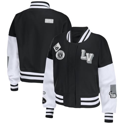 Damenbekleidung von Erin Andrews Schwarz/Weiße Las Vegas Raiders College-Jacke mit durchgehendem Reißverschluss