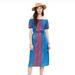 Madewell Dresses | Madewell Mercardo Embroidered Blue Red Boho Off Shoulder Maxi Denim Look Dress | Color: Blue/Red | Size: Xxs