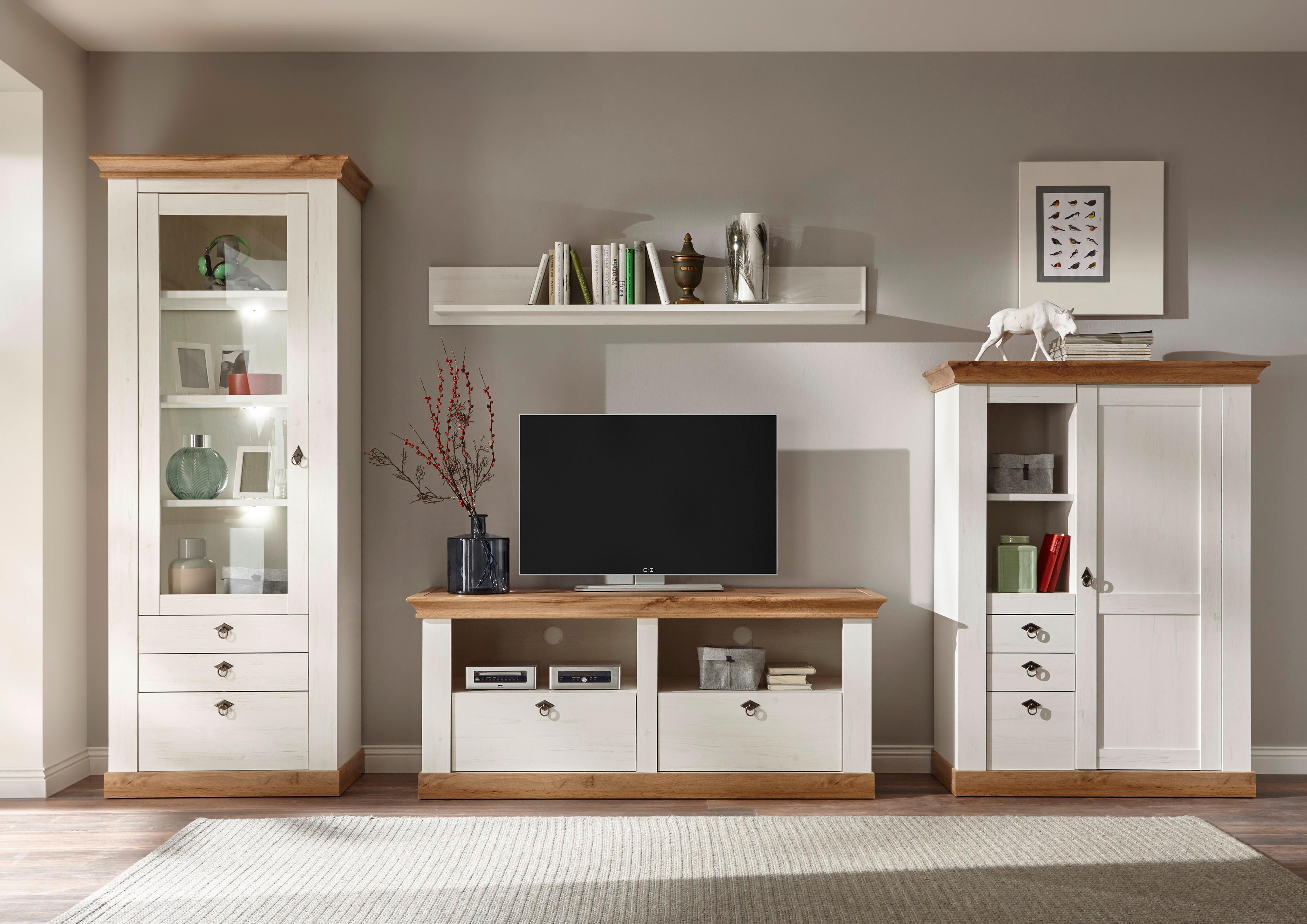 Wohnwand HOME AFFAIRE "Cremona", weiß (pinie weiß nb, pinie weiß nb, applikation wotan eiche nb), B:356cm, Kastenmöbel-Sets, Wohnwand