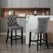 Set of 2 Contemporary Upholstered Gray Bar Stools with Button Tufted Decoration and Wooden Legs, and Chrome Nailhead Trim