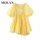 MOLAN – robe jaune Vintage à col rond et manches courtes plissée couleur unie décontractée Sexy