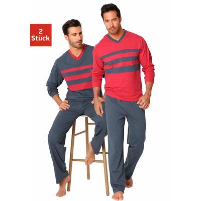Pyjama LE JOGGER "Schlafanzug für Herren", Herren, Gr. 60/62 (XXL), bunt (rot, grau), Jersey, Obermaterial: 100% Baumwolle, unifarben mit Farbeinsätzen, Basic, Basic lang, V-Ausschnitt, Langarm abgesteppte Kante, Homewear-Sets, aus 100% Baumwolle Image