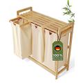 AMBIAVO® Laundry Basket 3 Compartments [Beige, 100% Cotton, Bamboo, 90 L Volume] | Laundry Hamper for Dirty Laundry | Laundry Sorting System | Laundry Sorter Wood | Laundry Box | Laundry Baskets