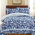 WANWEN 4 Pcs Double Super King Size Quilted Bedspread Blue Leaf Patchwork 100% Cotton Quilt Throw Comforter Bed Set 240 x 260 cm little surprise