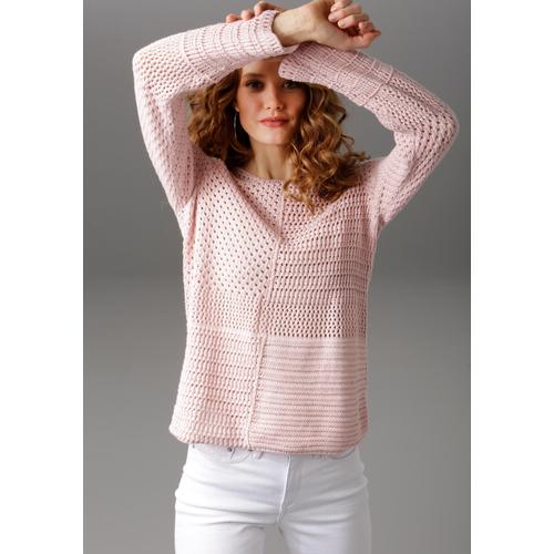 Rundhalspullover ANISTON CASUAL Gr. 34, rosa (rosé) Damen Pullover mit trendig gemixten Ajour-Mustern