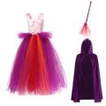 IBTOM CASTLE Sarah Sanderson Costume Kids Girls, Witch Dress Skirt Cosplay Costume Tutu Skirt Cape Broom Role Play Set Halloween Carnival Birthday Party Fancy Dress Up Outfit Purple 2-3 Years