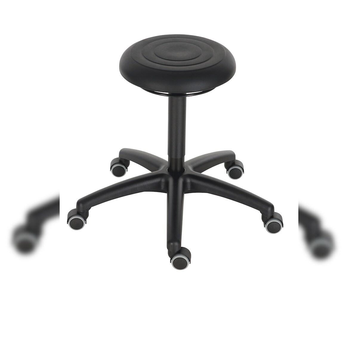 PROREGAL Drehhocker Atlanta, Sitzhöhe 48-66cm, Tragfähigkeit 110kg, Polyurethane-Soft Sitz, Kunststof-Fußkreuz, Rollen, Ringauslösung, Schwarz Image