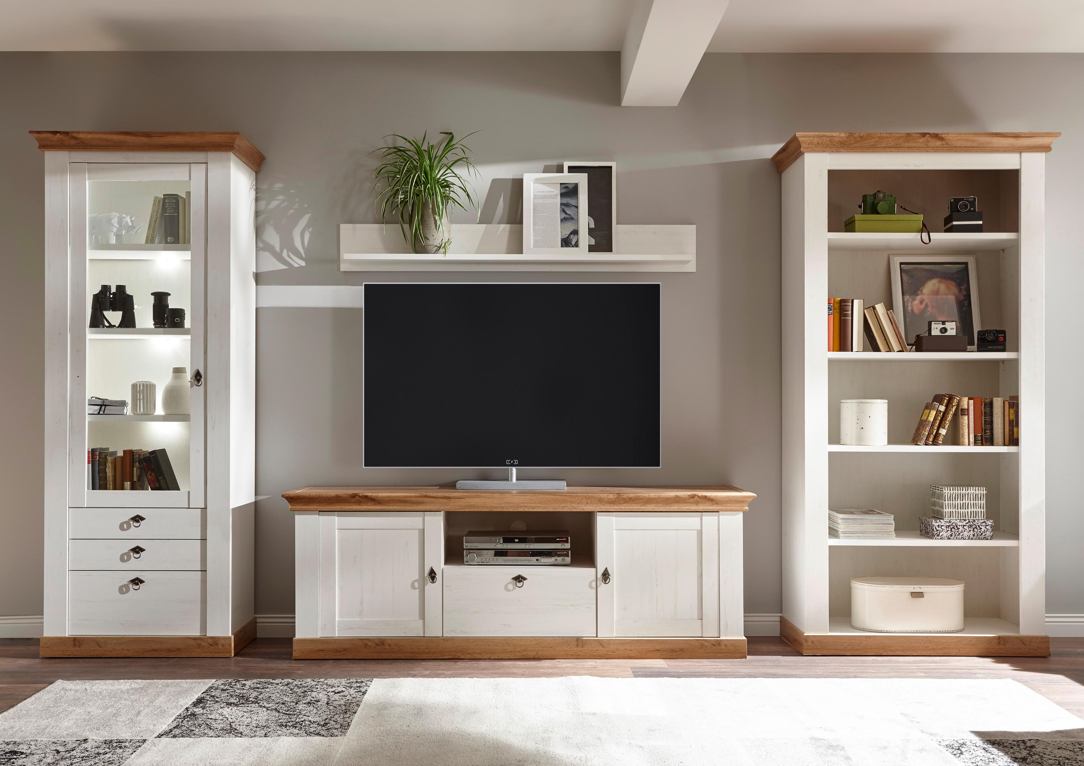 Wohnwand HOME AFFAIRE "Cremona", weiß (pinie weiß nb, pinie weiß nb, applikation wotan eiche nb), B:387cm, Kastenmöbel-Sets, Wohnwand