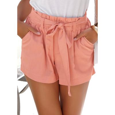Shorts LASCANA, Damen, Gr. 40, N-Gr, beige (puder), Web, Obermaterial: 58% Viskose, 28% Baumwolle, 14% Leinen, unifarben, modisch, figurumspielend kurz, Hosen Paperbag-Hose Shorts Strandshorts, im Paperbag-Stil aus Leinenmix, kurze Hose, Leinenhose Image