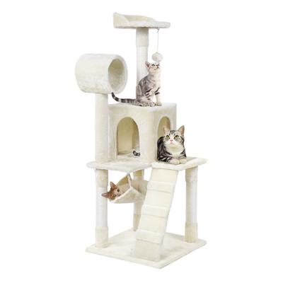 Topeakmart Beige Plush Cat Tree Condo with Hammock Tunnel, 51" H, 19.6 LBS, Off-White