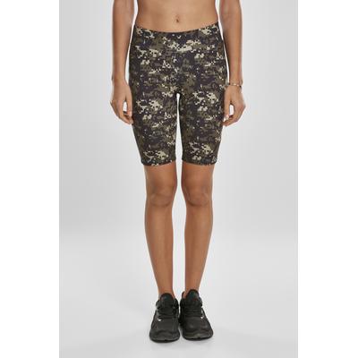Stoffhose URBAN CLASSICS "Urban Classics Damen Ladies High Waist Camo Tech Cycle Shorts", Damen, Gr. M, US-Größen, grün (wooddigitalcamo), 77% Polyester, 23% Elasthan, slim fit, Hosen Image