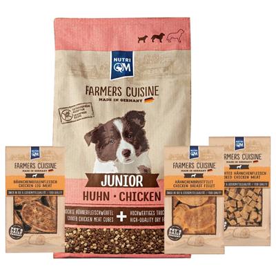 NutriQM Trockenfutter TASTING-BOX JUNIOR, (Set), enthält einen 1 kg Beutel und 4 bekömmliche Snacks mit natürlichen Zutaten, 1280g bunt Hundefutter Hund Tierbedarf
