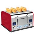 KitchMix Toaster 4 Slice, Bagel Stainless Toaster with LCD Timer, Extra Wide Slots, Dual Screen, Removal Crumb Tray (Red)