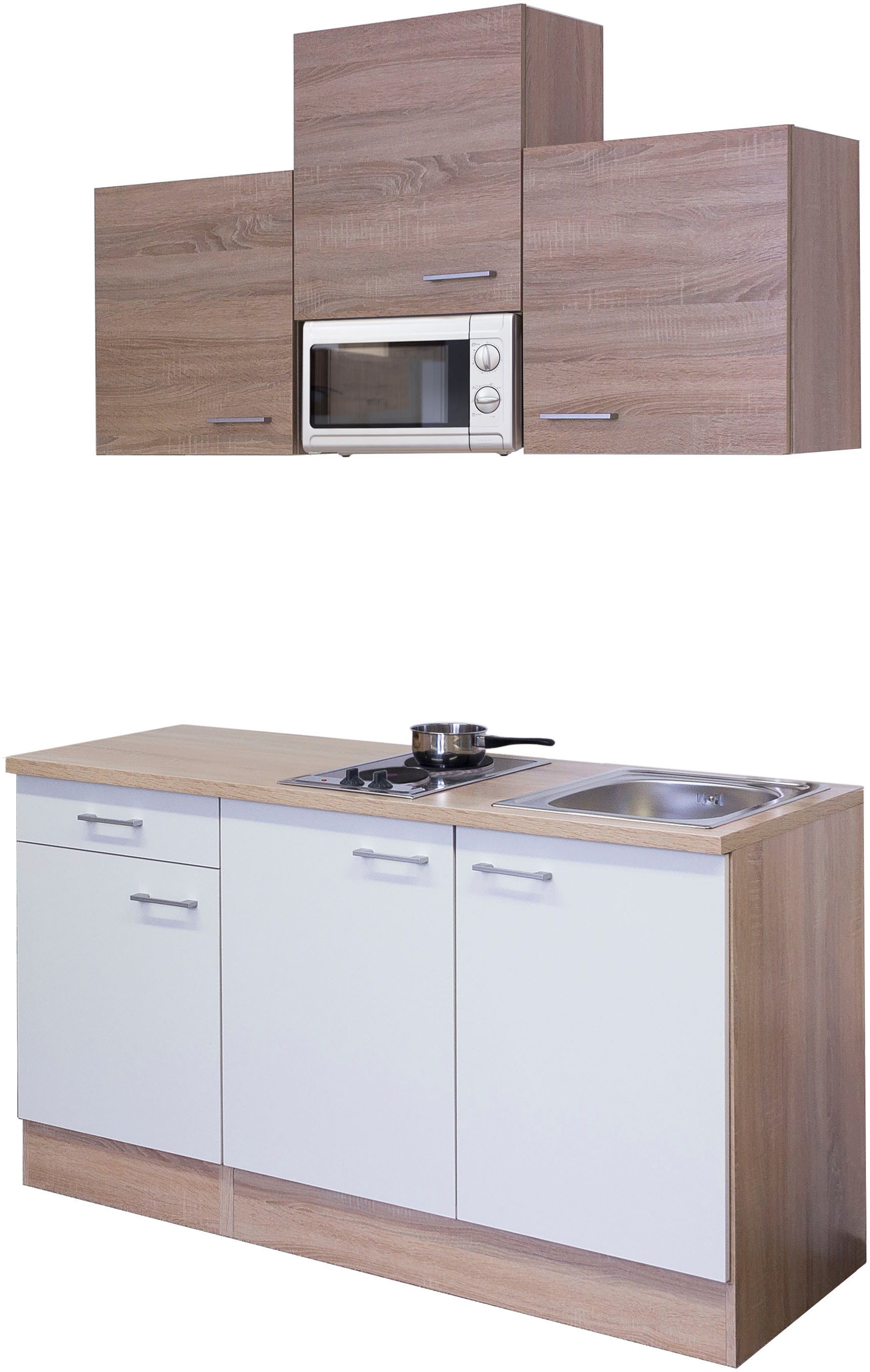 Küchenzeile FLEX-WELL "Samoa", weiß (küche: weiß, front: weiß, sonoma eiche, korpus: sonoma eiche, arbeitsplatte: sonoma eiche), B:150,5cm H:200cm T:60cm, Komplettküchen-Sets, Küchenzeile, Gesamtbreite 150cm, mit Mikrowelle und Kochfeld, viele...