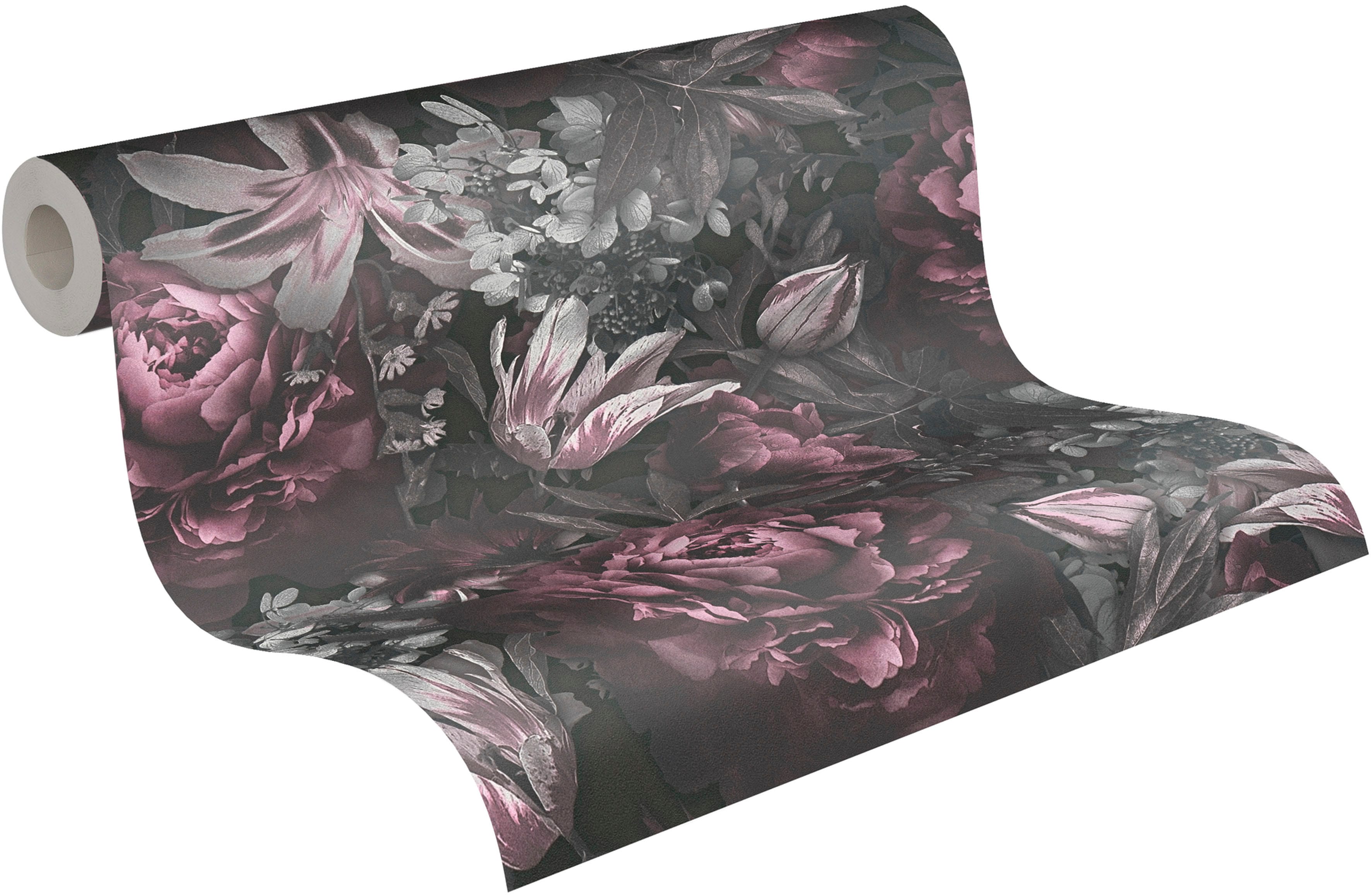 Vliestapete A.S. CRÉATION "PintWalls Rosen Floral", rosa (rosa grau schwarz), B:0,53m H:0,01m L:10,05m, Vinyl, Vlies, Tapeten, Blumentapete Tapeten Wohnzimmer Schlafzimmer Küche modern Design Optik
