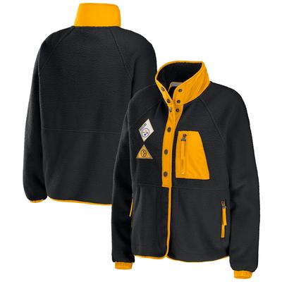 Damenbekleidung von Erin Andrews Schwarze Pittsburgh Steelers Polarfleece-Raglan-Jacke mit durchgehendem Druckknopfverschluss Image