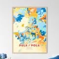 Bunte PULA / POLA KROATIEN Blau Orange Fine Art Print, Pula / Pola Hrvatska Stadtplan, ein perfektes Geschenk.