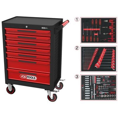 KS TOOLS ECOline SCHWARZ/ROT Werkstattwagen mit 7 Schubladen und 215 Premium-Werkzeugen Werkzeugwagen Rot/schwarz 897.7215 Image