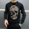 Pull à motif de diamant brillant pour hommes haut chaud tête de mort fitness sport grande