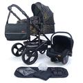 Pixini Kinderwagen Kalani 3in1 Kombikinderwagen, inkl. Babywanne & Buggy & Auto-Babyschale & Wickeltasche/Cupholder/Regenschutz (Oxford with print gold line)