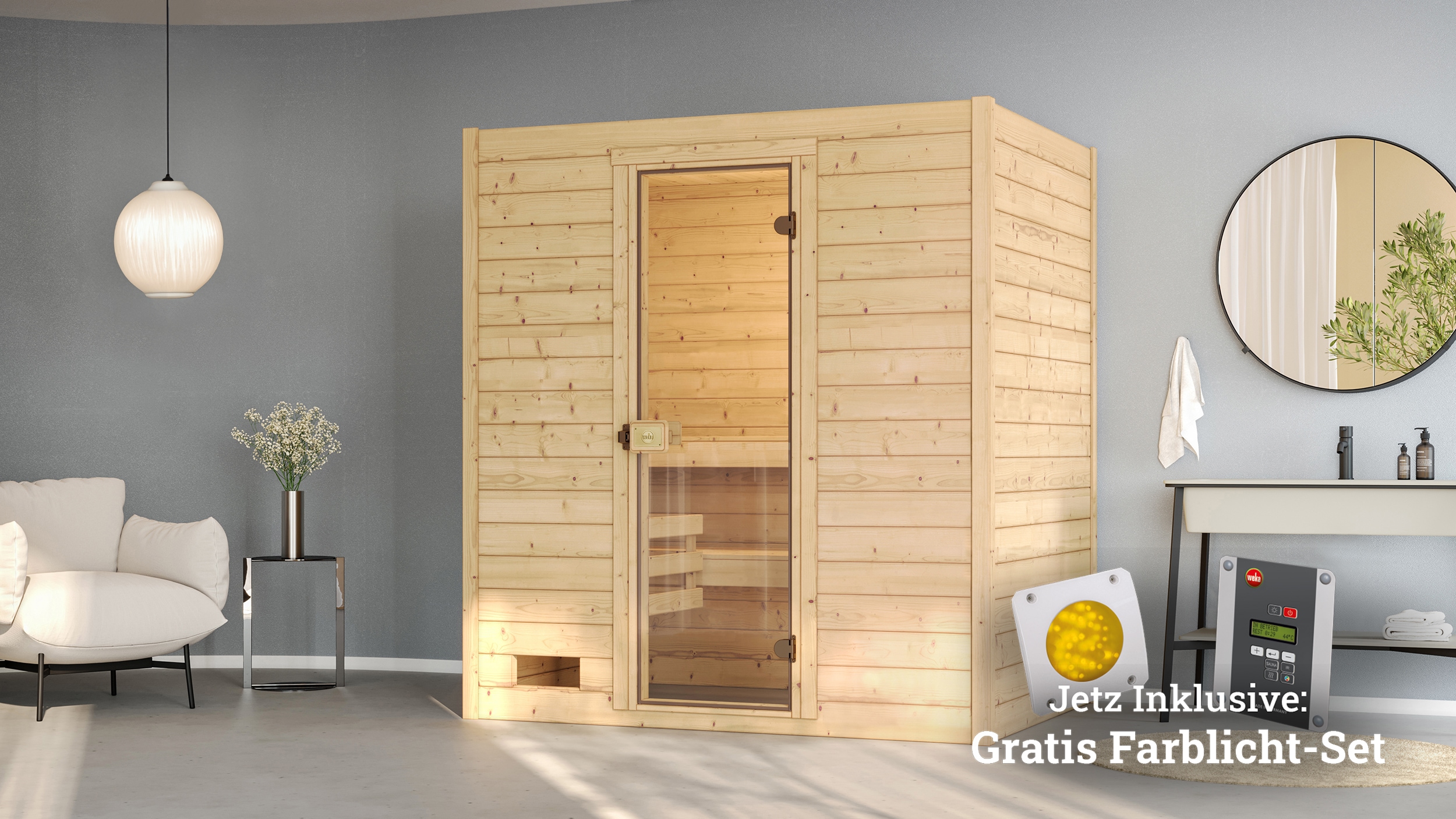Sauna WEKA "Valida", beige (natur), Bio-Ofen, externe Steuerung, 4,5 kW, Saunen, 4,5 kW Bio-Ofen mit digitaler Steuerung