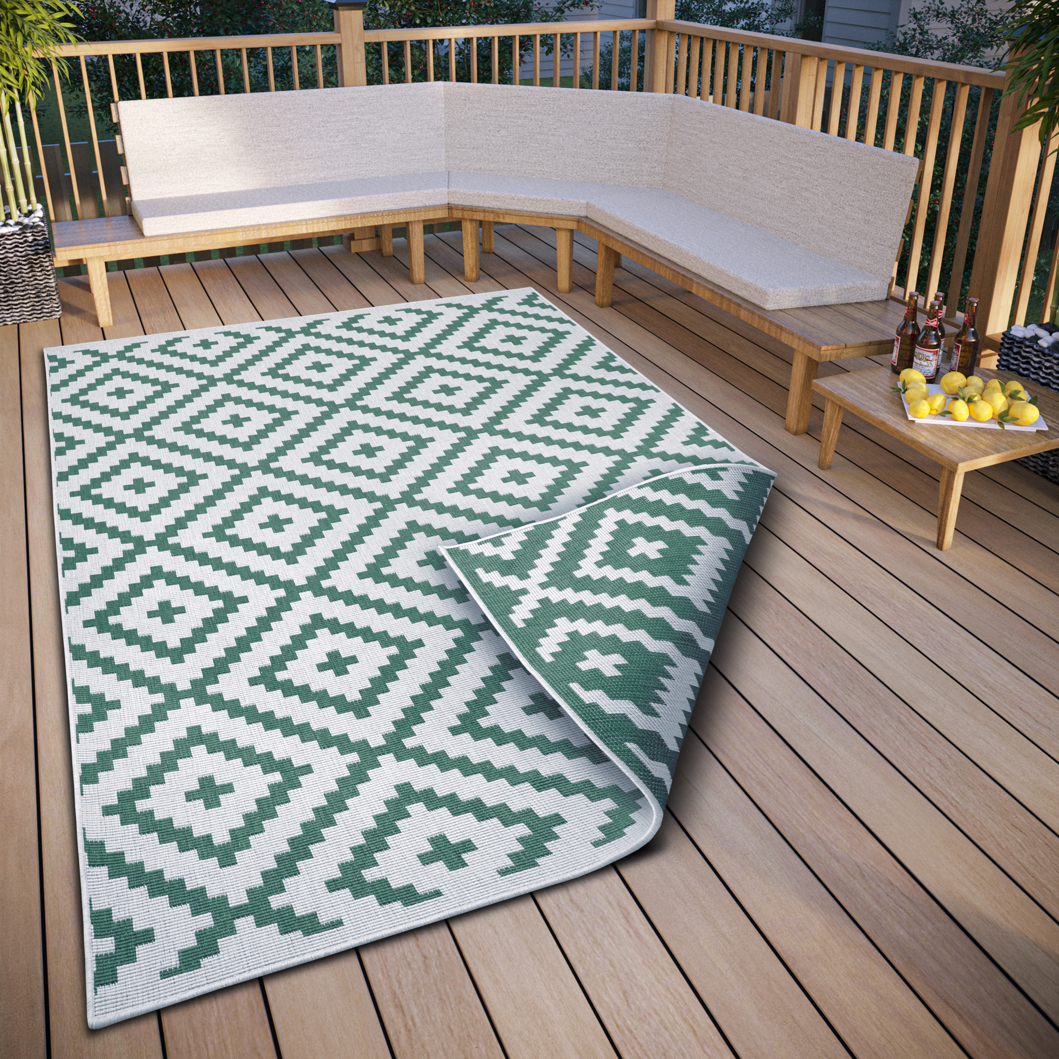 Teppich MY HOME "Ronda Wendeteppich" Gr. 6, grün (grün, creme), B:200cm H:5mm L:290cm, Kunstfaser, Teppiche, Sisal-Optik, Flachgewebe, In- und Outdoor, geometrisches Boho Design Image