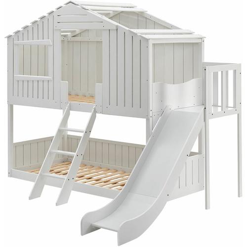 Kinderbett Baumhaus 90 x 200 cm mit Dach, Rutsche & Leiter – Etagenbett Weiß für Kinder – 2x