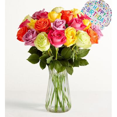 1-800-Flowers Flower Delivery Happy Birthday Assorted Roses 24 Stems W/ Clear Vase | Happiness Delivered To Their Door